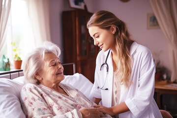 Obraz premium A female doctor is treating an elderly patient at her home