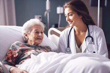 Fototapeta premium A female doctor is treating an elderly patient at her home