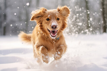 Portrait of a happy dog running in snow at winter - obrazy, fototapety, plakaty