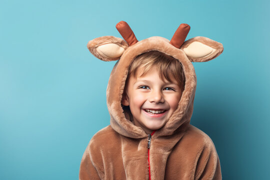 A Boy Wearing Reindeer Costume Smiling On Blue Background, Christmas Fancy Dress Concept.