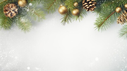 Fototapeta na wymiar A Winter Theme Banner Background: top view photo of a winter or christmas themed banner background with a border of green fir branches and branches