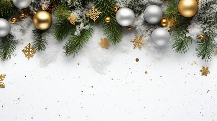 A Winter Theme Banner Background: top view photo of a winter or christmas themed banner background with a border of green fir branches and branches