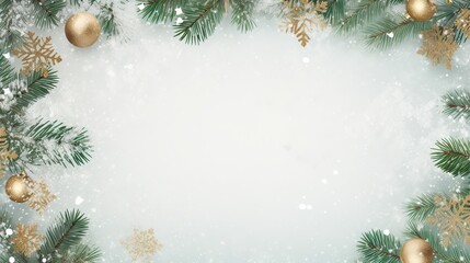 Obraz na płótnie Canvas A Winter Theme Banner Background: top view photo of a winter or christmas themed banner background with a border of green fir branches and branches