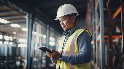 real photo of Asian electrical engineer wearing safety helmet inspecting home electrical system with tools and tablet at indoor building site.