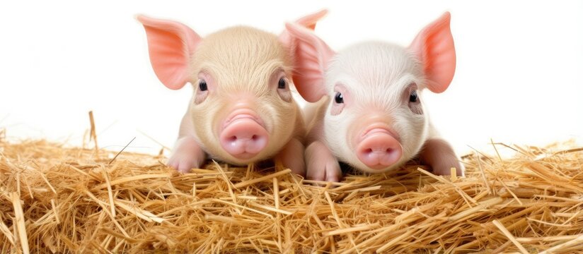 Two piglets on bedding at a pig farm