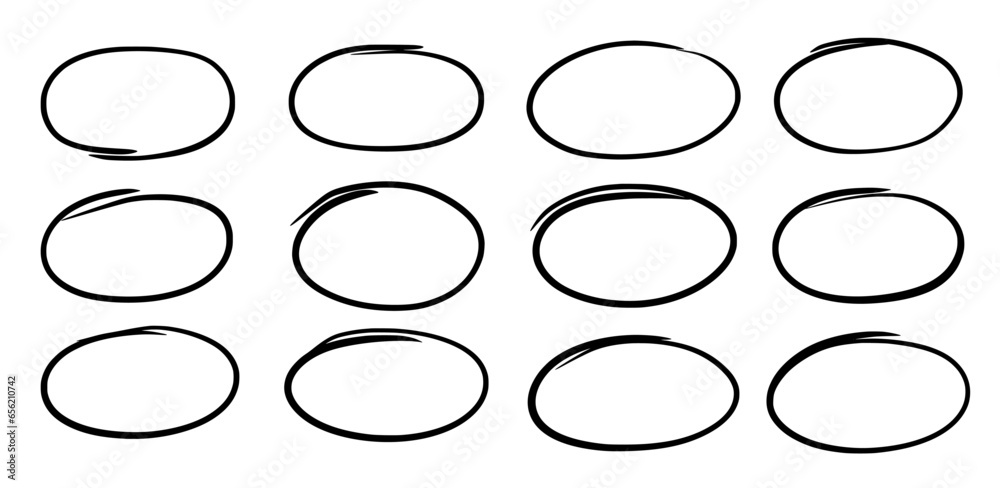Poster drawn pen line oval set. hand drawn marker stroke style doodle oval frame. scribble round frame for 