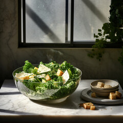 Caesar salad, photography, crisp, refreshing, layered, in a glass bowl on a marble countertop, fresh, natural window light, greens and creamy whites Generative AI