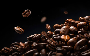Roasted coffee beans falling or flying on dark background. Generative AI