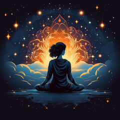 Yoga in meditation at night illustration of woman meditating night with star black background