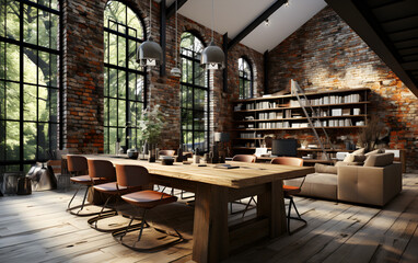 Naklejka premium Modern loft office interior with brick wall
