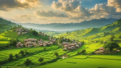Fototapeta na wymiar A picturesque village nestled amidst lush green fields