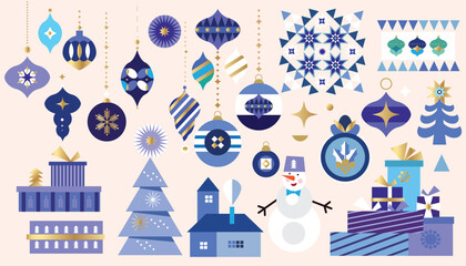 Merry Christmas and Happy New Year 2024  holiday template design icons set -Snowman,   Gifts, Santa, ball toy, christmas tree, snowflake   Modern Xmas flat vector illustration