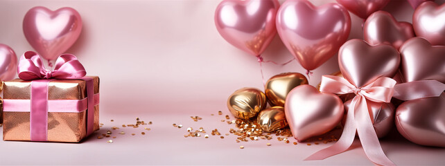 Fototapeta na wymiar Happy valentines day banner. Pink and gold hearts foil balloons with gifts on pink bokeh Valentines Day background. Romantic banner with Copy Space. ai generated