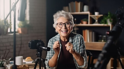 Cheerful senior elder influencer woman working on shooting for blog.