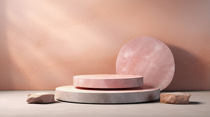 Rounded empty showcase with pinkish natural stoned colour, exhibition Podium, stand, on pastel architectural background for product presentation branding and packaging presentation.