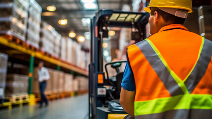 A logistics employee is operating a forklift truck in a busy warehouse.generative ai