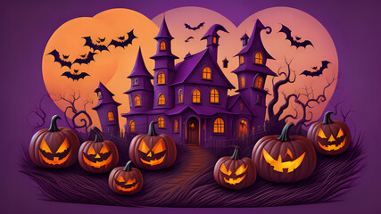 Halloween party. pumpkin head jack lanterns, burning candles, bats in dark spooky mystery forest at Halloween night. invitation. Copy space, space for message, digital ai generated