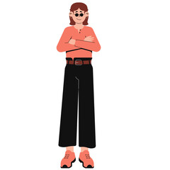 Woman in Long-Sleeve Shirt and Wide-Leg Pants Outfit Illustration
