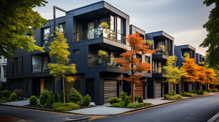 Fototapeta na wymiar Modern modular private black townhouses. Residential architecture exterior.