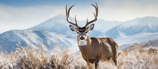 Snowy hillside in Rocky Mountain Arsenal National Wildlife Refuge holds mule deer buck - obrazy, fototapety, plakaty