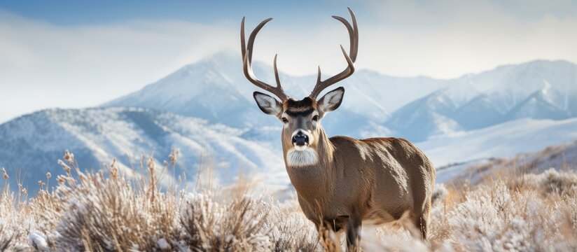 Snowy hillside in Rocky Mountain Arsenal National Wildlife Refuge holds mule deer buck