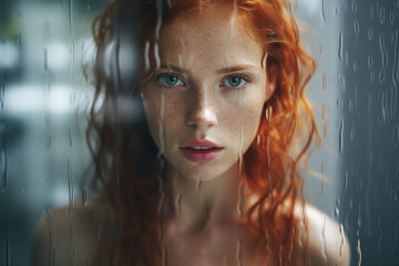 Naked sensual woman with red curly hair and freckles standing in shower and looking at camera, wet front background with drops. Clean skin care, feminine hygiene - obrazy, fototapety, plakaty