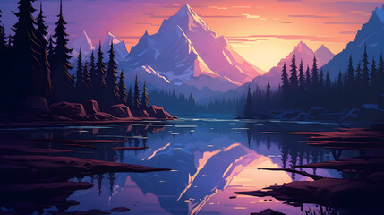 beautiful natural scenery forest lake and mountains illustration style