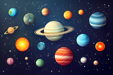 A graphic colour poster for the universe with planets, solar systems, and stars. Astronomical galaxy space