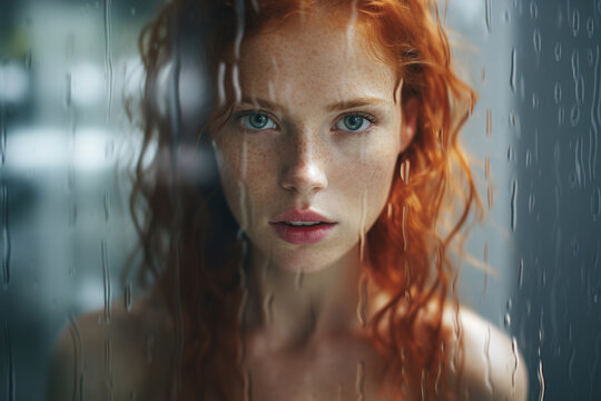 Naked sensual woman with red curly hair and freckles standing in shower and looking at camera, wet front background with drops. Clean skin care, feminine hygiene