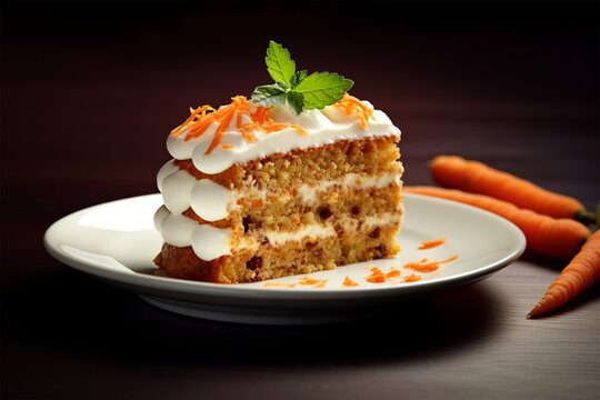 Carrot cake with white frosting topped with carrots and mint leaves