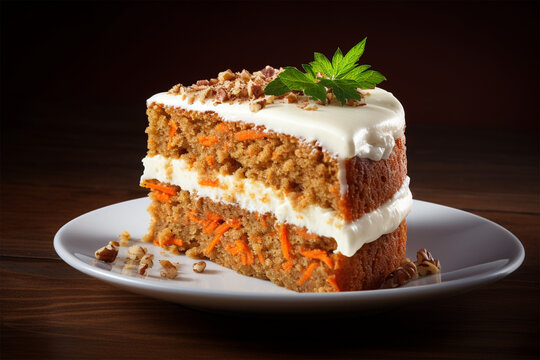 Carrot cake with white frosting topped with carrots and mint leaves