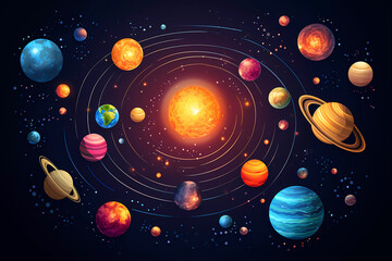 A graphic colour poster for the universe with planets, solar systems, and stars. Astronomical galaxy space