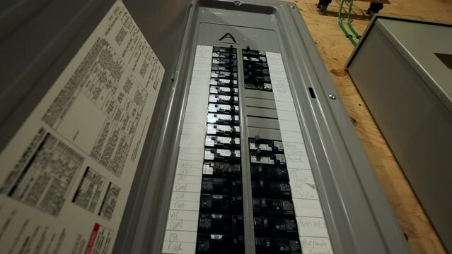 Electrical Circuit Breaker panel in new wooden home construction Close up