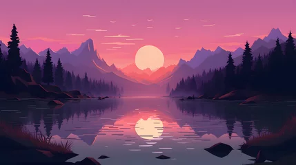 Fotobehang beautiful natural scenery forest lake and mountains illustration style © Ky