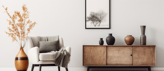 Home decor with a stylish living room setup including mock up poster frame armchair sideboard sculpture rug vase lamp and accessories Template