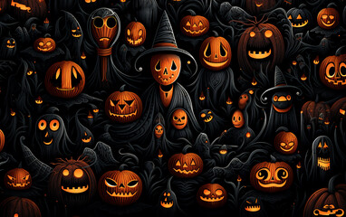 Halloween illustration pattern with pumpkins on black background