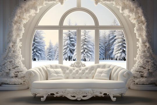 Christmas Digital Backdrop : Beautiful Interior Decoration with White Luxury Sofa, White Window, and Snowy Christmas Tree outside.
