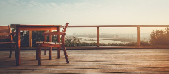Vintage Light Filter on empty outdoor deck with table and chair - Powered by Adobe