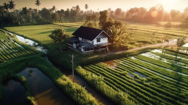 Beautiful house, corner inside the middle of the house. Rice fields.generative ai