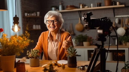 Fototapeta premium Cheerful senior elder influencer woman working on shooting for blog.generative ai