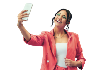 Isolated woman, selfie and smile for fashion, makeup and trendy style on blog by transparent png background. Gen girl, influencer and happy for memory, photography or profile picture in edgy clothes