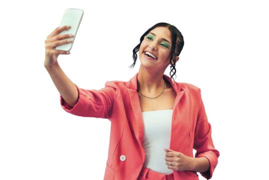 Isolated woman, selfie and smile for fashion, makeup and trendy style on blog by transparent png background. Gen girl, influencer and happy for memory, photography or profile picture in edgy clothes