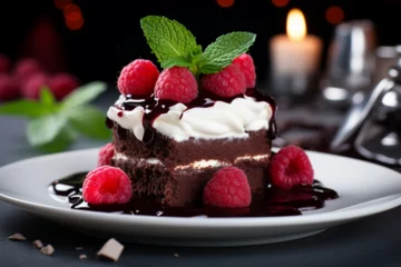 Fotobehang Chocolate raspberry dessert cake with fresh mint topping © Julaini