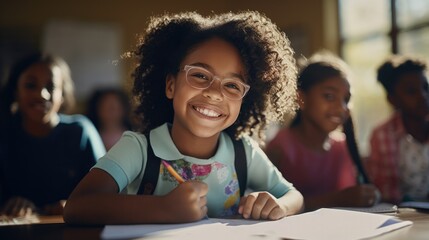 Portrait of brilliant black girl smiles in elementary school class, Learning or writes in notebook.