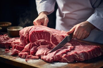 A professional butcher chef uses a knife to cut fresh meat for steak ingredients in the kitchen at a restaurant. AI-generated - obrazy, fototapety, plakaty