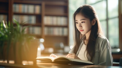 Student Asian woman or Exchange Student taking notes from a book at college library.