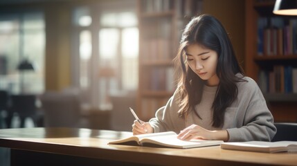 Student Asian woman or Exchange Student taking notes from a book at college library. - obrazy, fototapety, plakaty