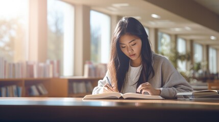Student Asian woman or Exchange Student taking notes from a book at college library. - obrazy, fototapety, plakaty