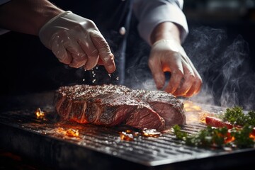Chef's hands add spices to grill meat for steak. Ai generative - obrazy, fototapety, plakaty