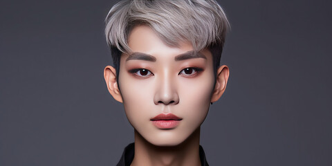 young asian man .Genderless makeup. Men's cosmetics. Beauty salon.